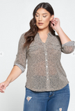 Mesh Animal Printed Button Blouse with Pocket