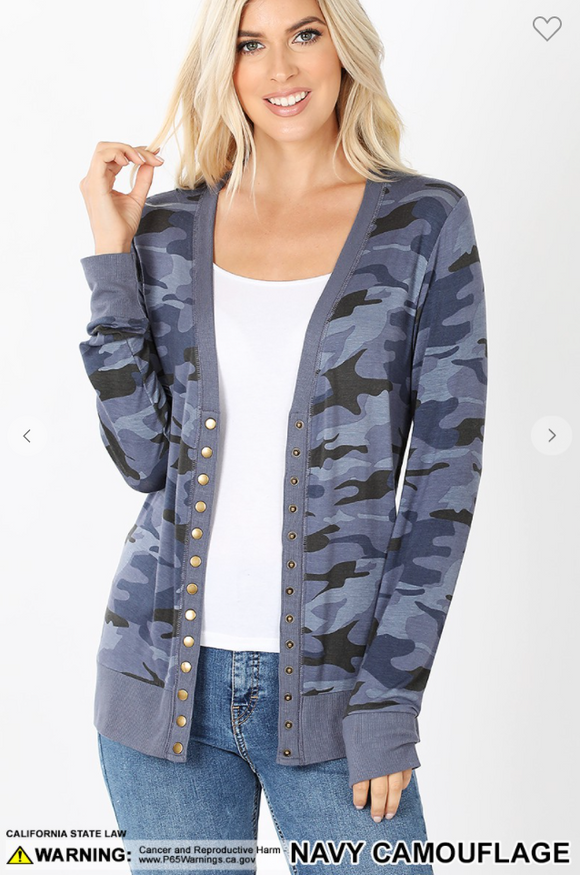 Camo Print Snap Button Cardigan