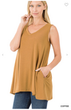 Sleeveless V Neck Flared Top with Pockets - 13 Colors