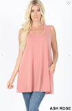 Sleeveless V Neck Flared Top with Pockets - 13 Colors