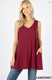 Sleeveless V Neck Flared Top with Pockets - 13 Colors