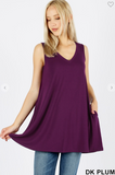Sleeveless V Neck Flared Top with Pockets - 13 Colors