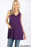 Sleeveless V Neck Flared Top with Pockets - 13 Colors