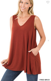 Sleeveless V Neck Flared Top with Pockets - 13 Colors