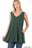Sleeveless V Neck Flared Top with Pockets - 13 Colors
