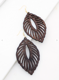 Leaf Shape Filigree Wood Earrings - 2 Colors