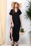 Short Sleeve V-Neck Side Slit Maxi Dress - 3 Colors