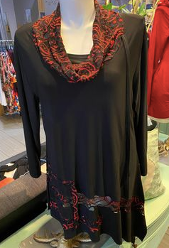Black Asymmetrical Tunic with Red Lace Accent