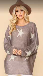 Round Neck Dolman Sweater Top In Star Pattern - Dusty Taro