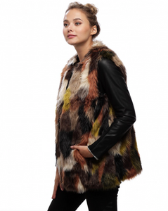 Multi Color Patch Faux Fur Long Vest