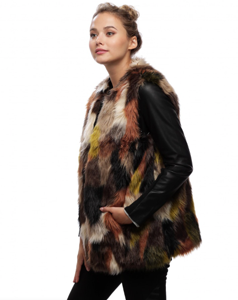 Multi Color Patch Faux Fur Long Vest