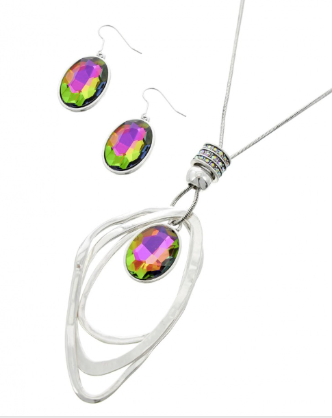 Glass Rhinestone Pendant Necklace & Earring Set