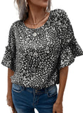 Leopard Round Neck Frill Trim Blouse