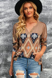Brown Western Print Buttoned V Neck Top
