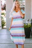 Striped V-Neck Curved Hem Midi Dress