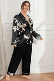 Tier 2 Plus Size Floral Belted Robe and Pants Pajama Set