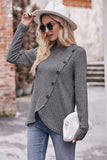 Ribbed Round Neck Buttoned Long Sleeve Tee