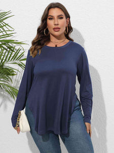 QACOHU Women's Casual Long Sleeve Tunic Top - Round Neck Loose Fit Side Split Shirt (Dark Blue, X-Large) - View #11