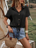 Drawstring Button Up Short Sleeve Blouse