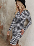 Houndstooth Buttoned Lapel Collar Slit Dress