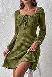 Ribbed Tied Square Neck Long Sleeve Mini Dress