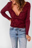 Double Take Lace Long Sleeve Plunge Blouse