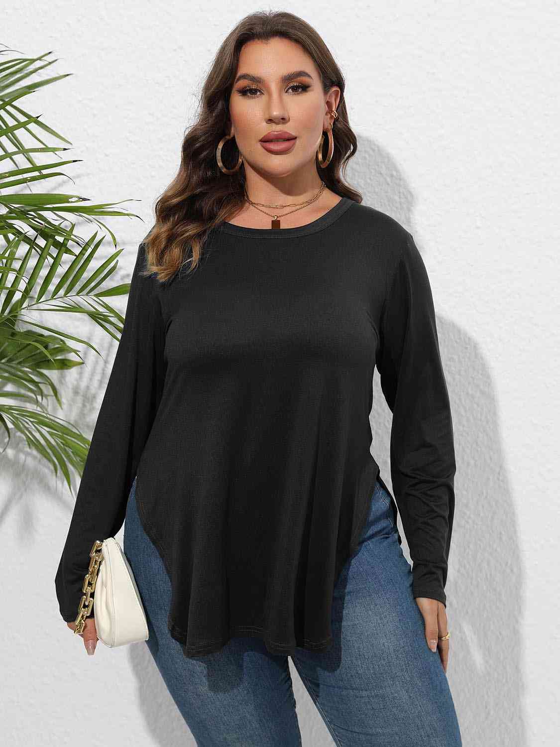 Plus Size Round Neck Long Sleeve Slit T-Shirt – Dakota Chappy