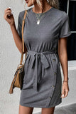 Decorative Button Tie-Waist Cuffed Sleeve Tee Dress